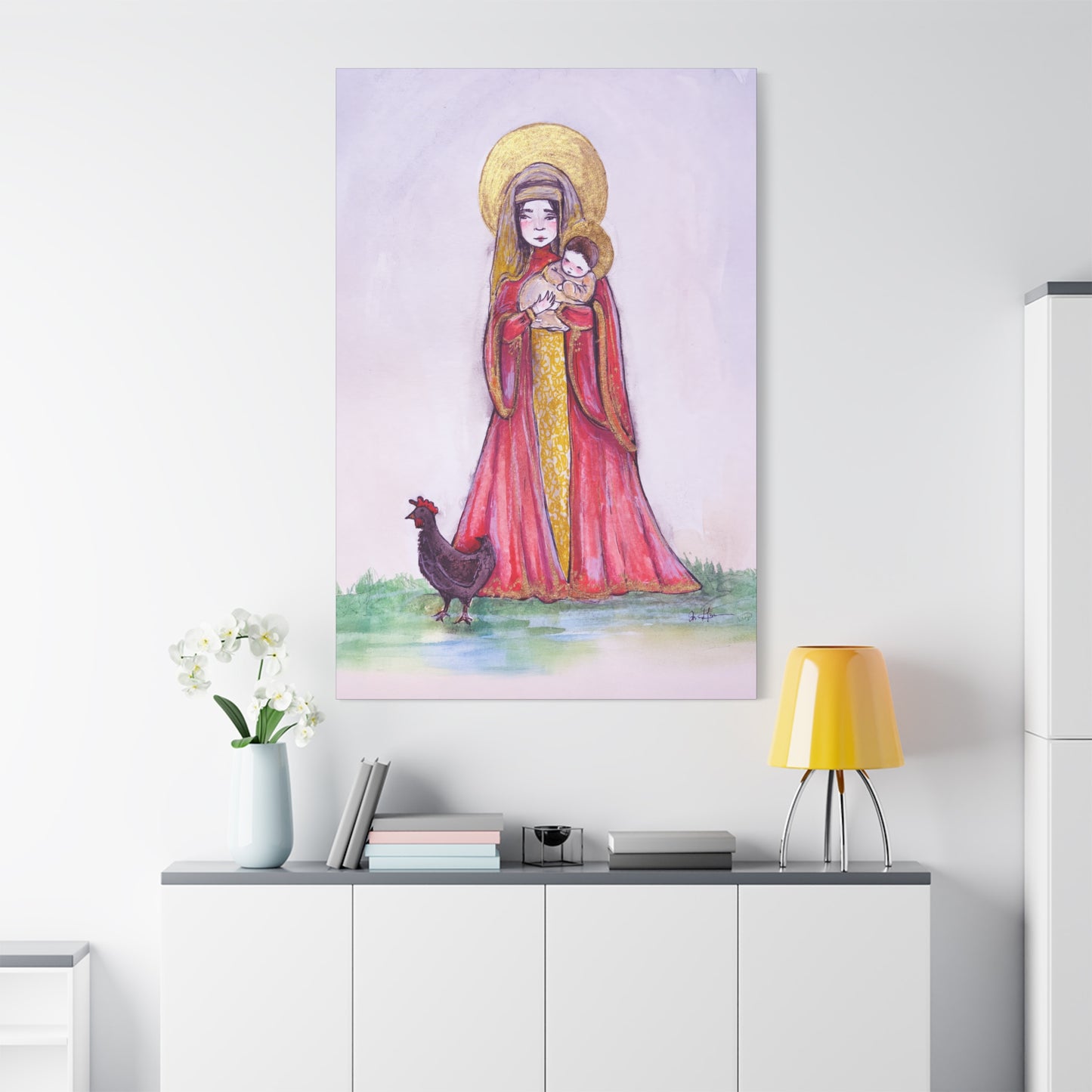 Our Lady of the Hens Catholic Canvas Print | Virgin Mary and Child Sacred Art | Hand-Drawn Watercolor Marian Wall Art