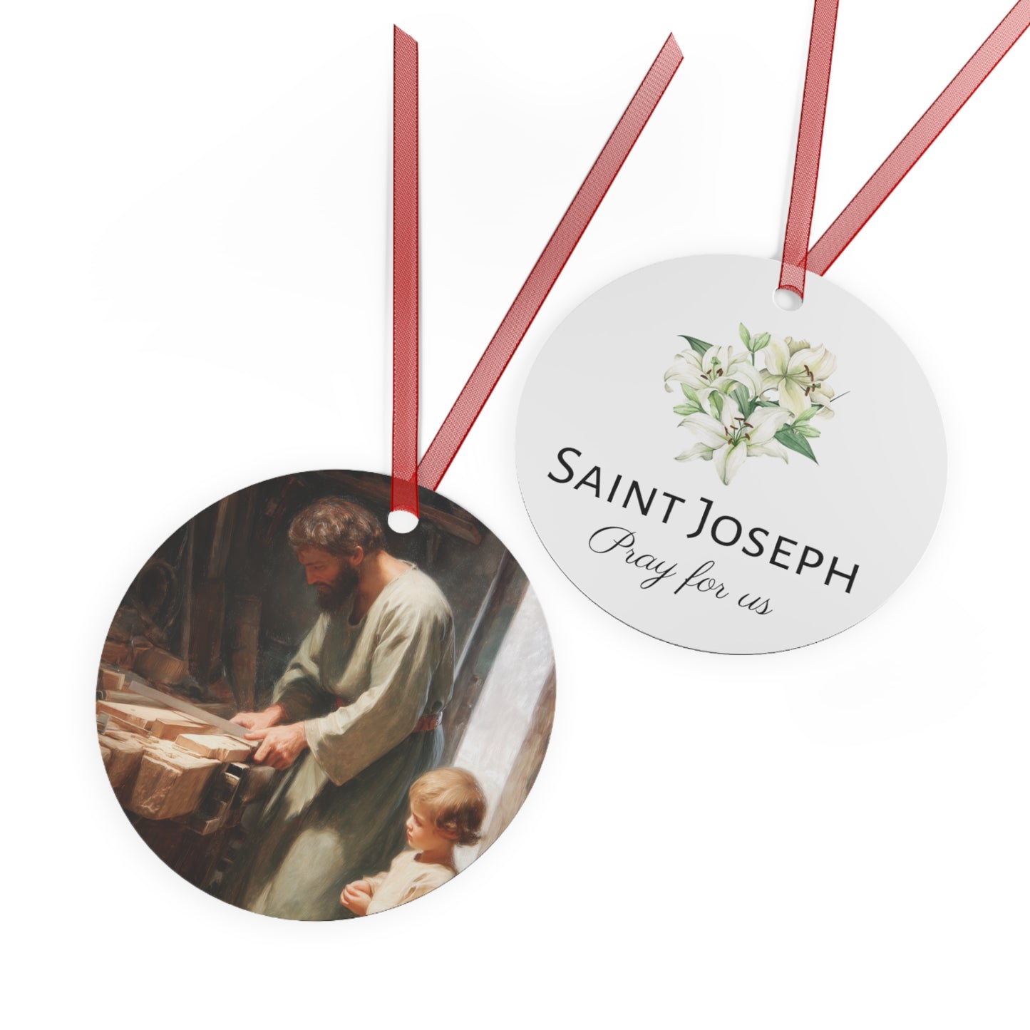 Saint Joseph the Worker Metal Ornament - Religious Holiday Christmas Ornament and Keepsake - Double sided - Prayer Ornament