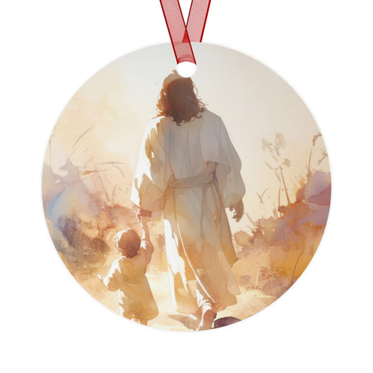 Jesus Guiding a Child in Faith Metal Ornament - Religious Holiday Christmas Ornament and Keepsake - Catholic Keepsake
