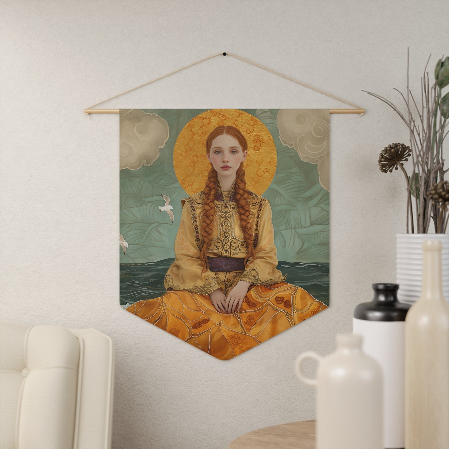 Saint Ia of Cornwall Pennant / Banner / Wall Hanging - Prayer room art - Catholic Home Art - Large Saint Art for your home - 18" x 21"