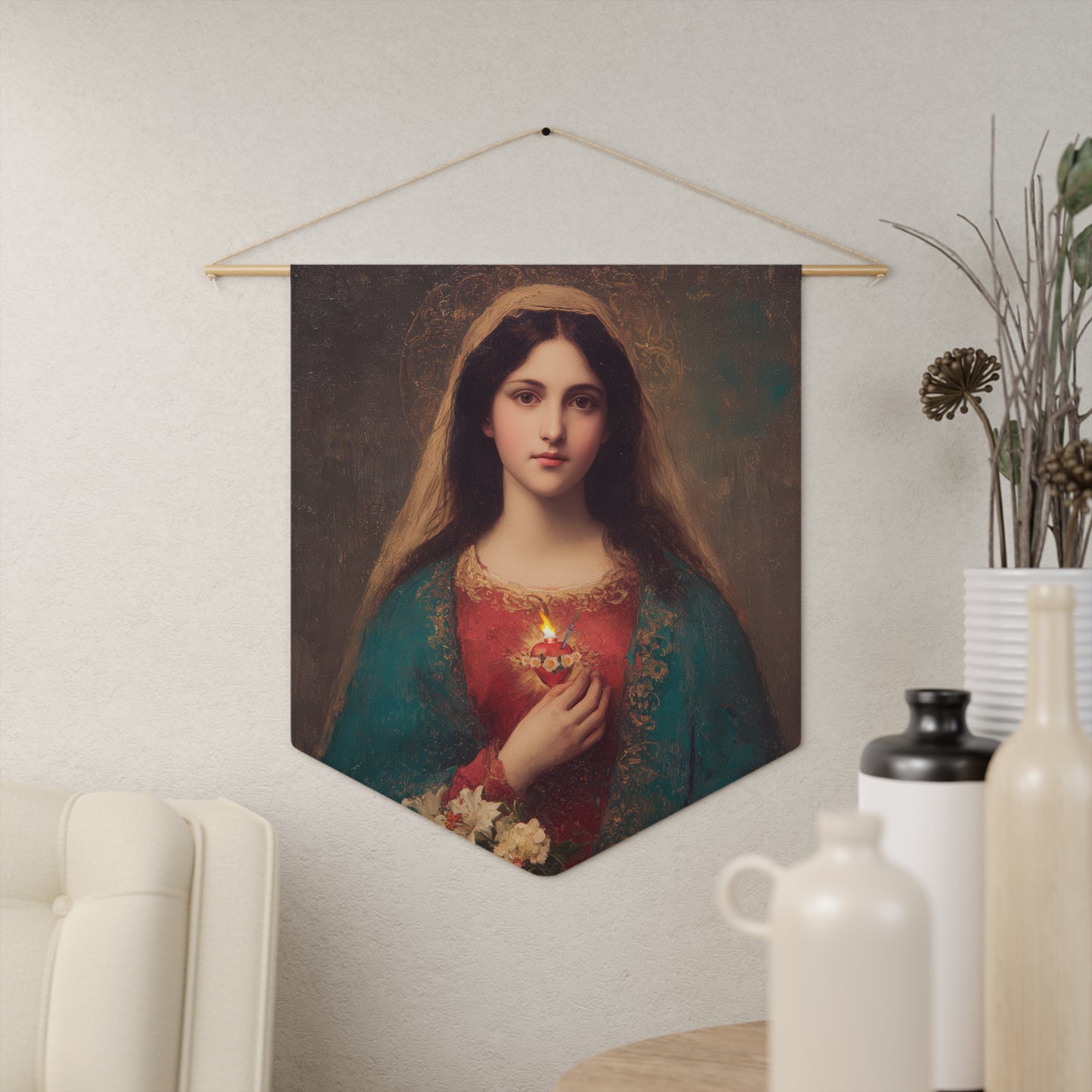 The Immaculate Heart of Mary - Mother Mary - Marian Art - Pennant / Banner / Wall Hanging - Catholic Art - Large - 18" x 21"