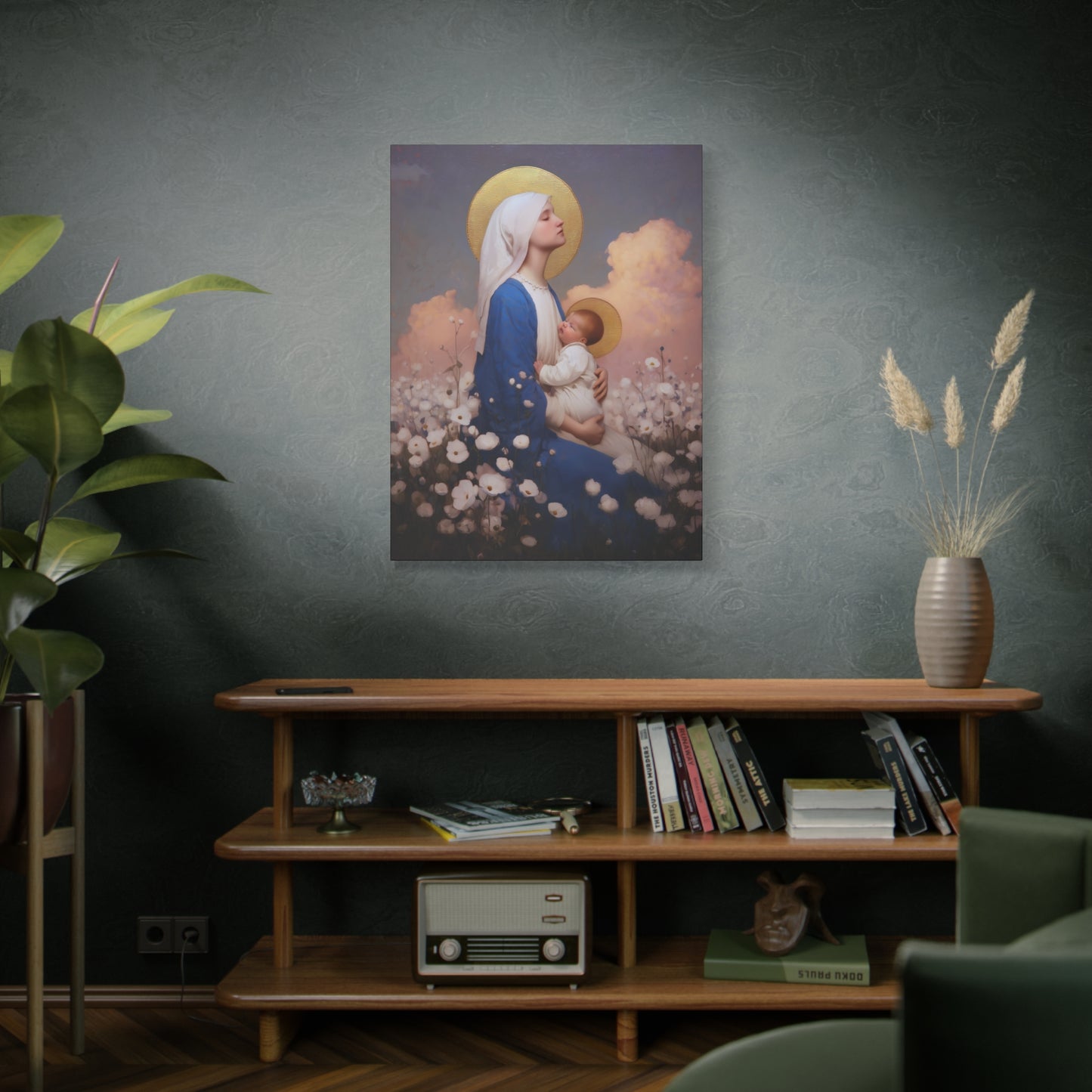 Mother Mary - Our Lady Among the Flowers -  Museum Wrapped Canvas - Sanctified Souls Print - Religious Art for your Home - Catholic Mother Mary Art