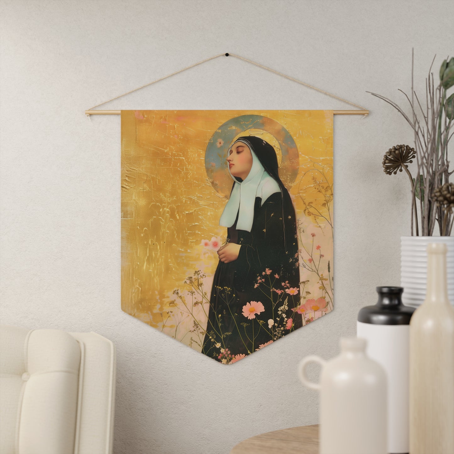 Saint Bernadette Pennant / Banner / Wall Hanging - Prayer room art - Catholic Home - 18" x 21"