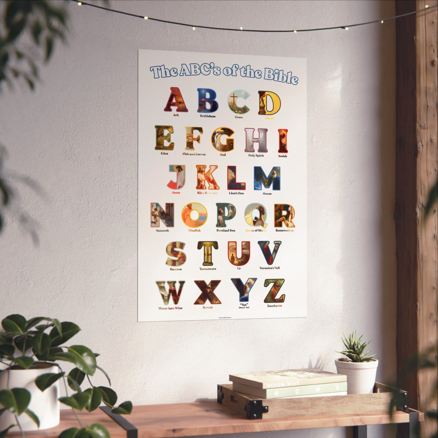 Bible ABC Poster - ABCs of the Bible Wall Art - Biblical People Places and Stories Chart - Christian Homeschool or Sunday School Decor