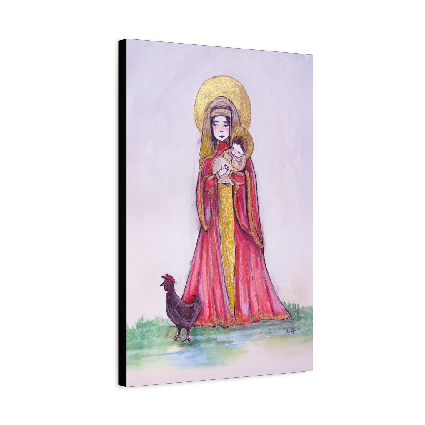Our Lady of the Hens Catholic Canvas Print | Virgin Mary and Child Sacred Art | Hand-Drawn Watercolor Marian Wall Art