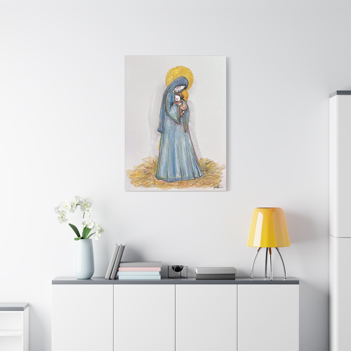 Our Lady of the Manger - Mother Mary Art - Catholic Canvas Print | Virgin Mary Sacred Art | Hand-Drawn Watercolor Christian Wall Art