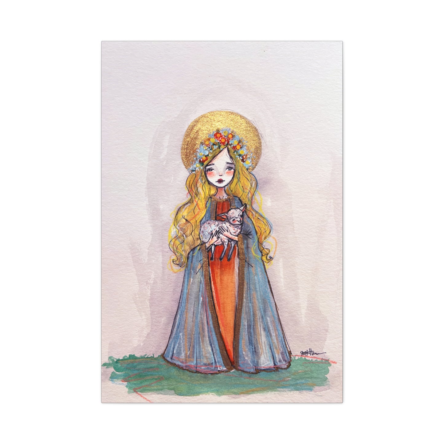 Saint Agnes of Rome Catholic Canvas Print | Christian Sacred Art | Hand-Drawn Watercolor Devotional Wall Art Religious Artwork