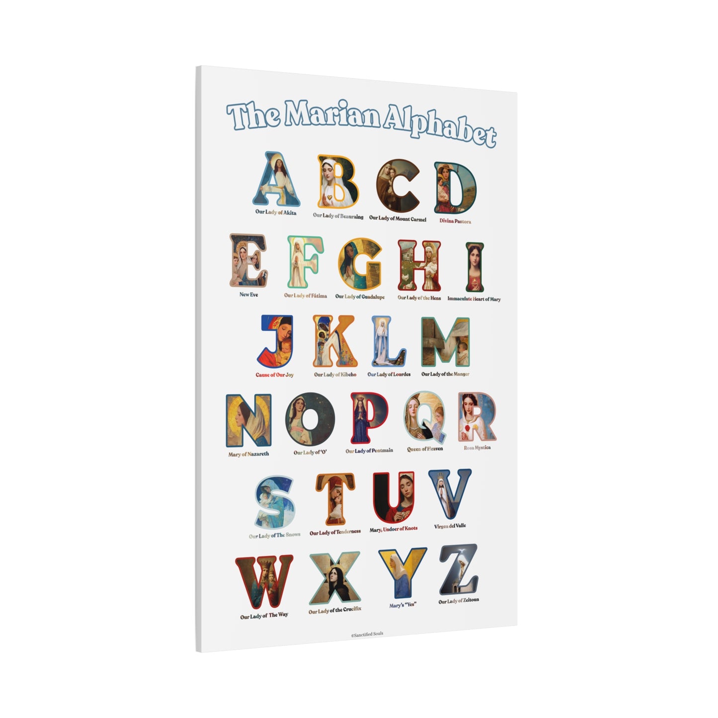 Catholic Marian Alphabet ABC Canvas - Full Alphabet Large Canvas - Catholic ABC Mary - Marian Titles - Catholic Nursery / Homeschool