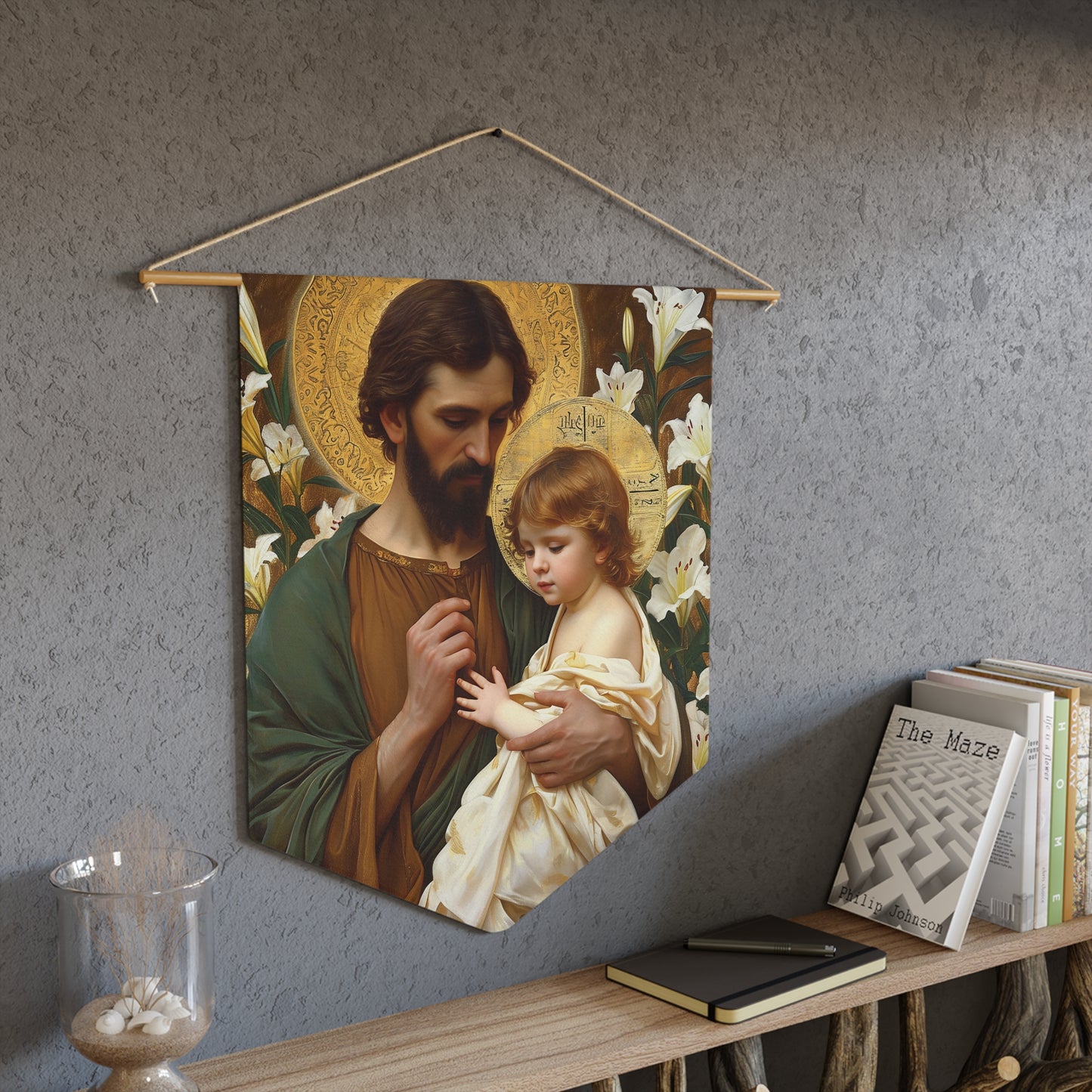 Saint Joseph and the Christ Child Pennant / Banner / Wall Hanging - Prayer room art - Catholic Home - Saint Art for your home - 18" x 21"