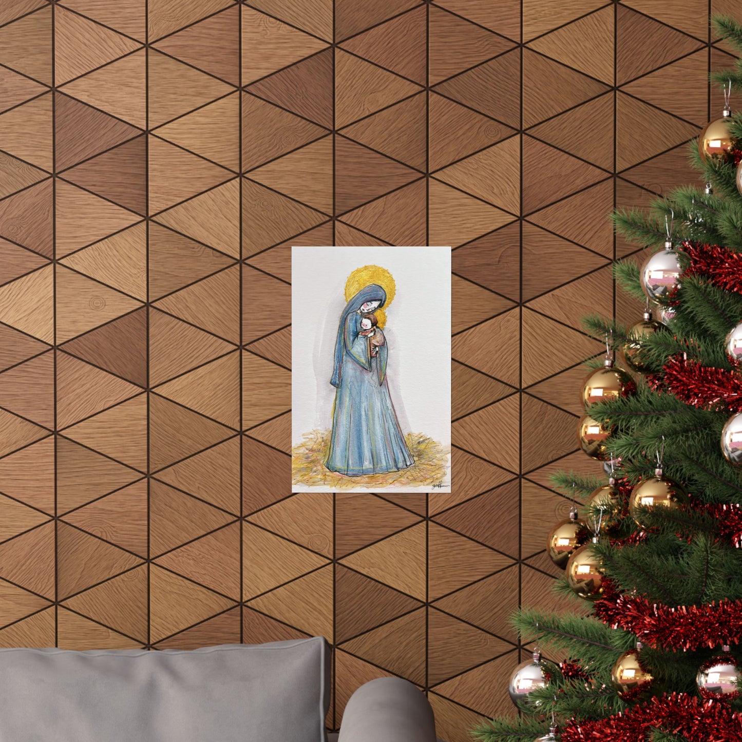 Our Lady of the Manger Catholic Art Print | Hand-Drawn Watercolor Virgin Mary Artwork | Christian Devotional Wall Art