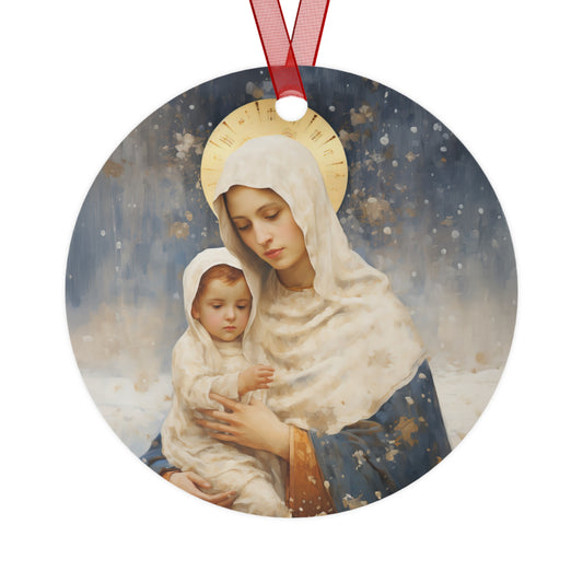Winter's Grace : Our Lady of the Snows Metal Ornament - Religious Holiday Christmas Ornament and Keepsake - Double sided - Prayer Ornament