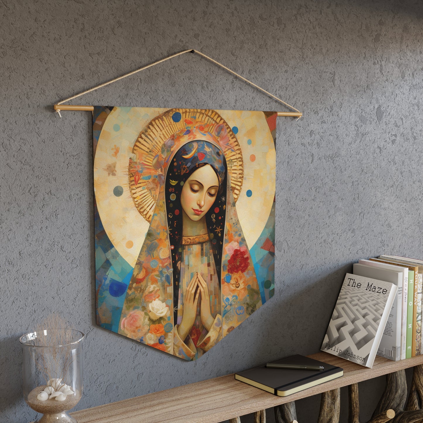 Our Lady of Guadalupe Icon of Love Wall Banner / Wall Hanging / Pennant - Religious Art - Prayer room - Catholic Art - Large - 18" x 21"