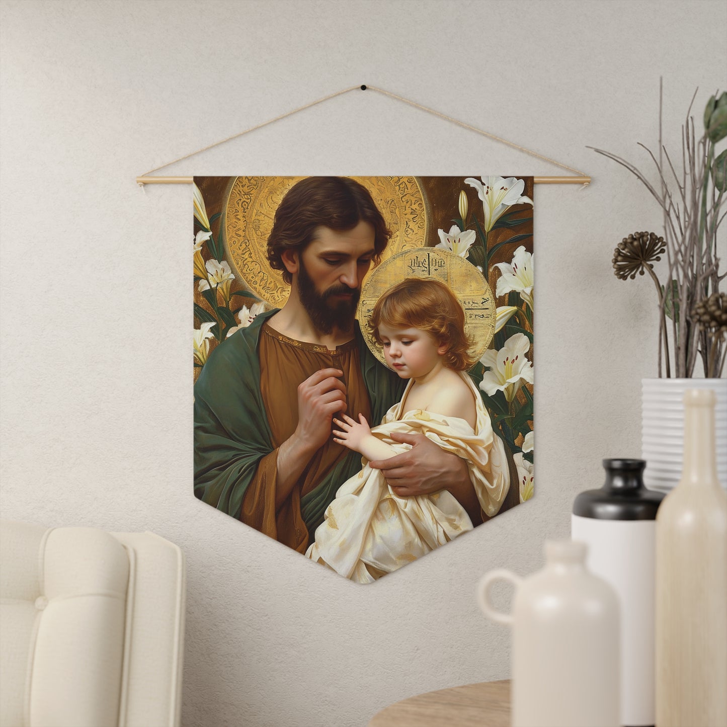 Saint Joseph and the Christ Child Pennant / Banner / Wall Hanging - Prayer room art - Catholic Home - Saint Art for your home - 18" x 21"
