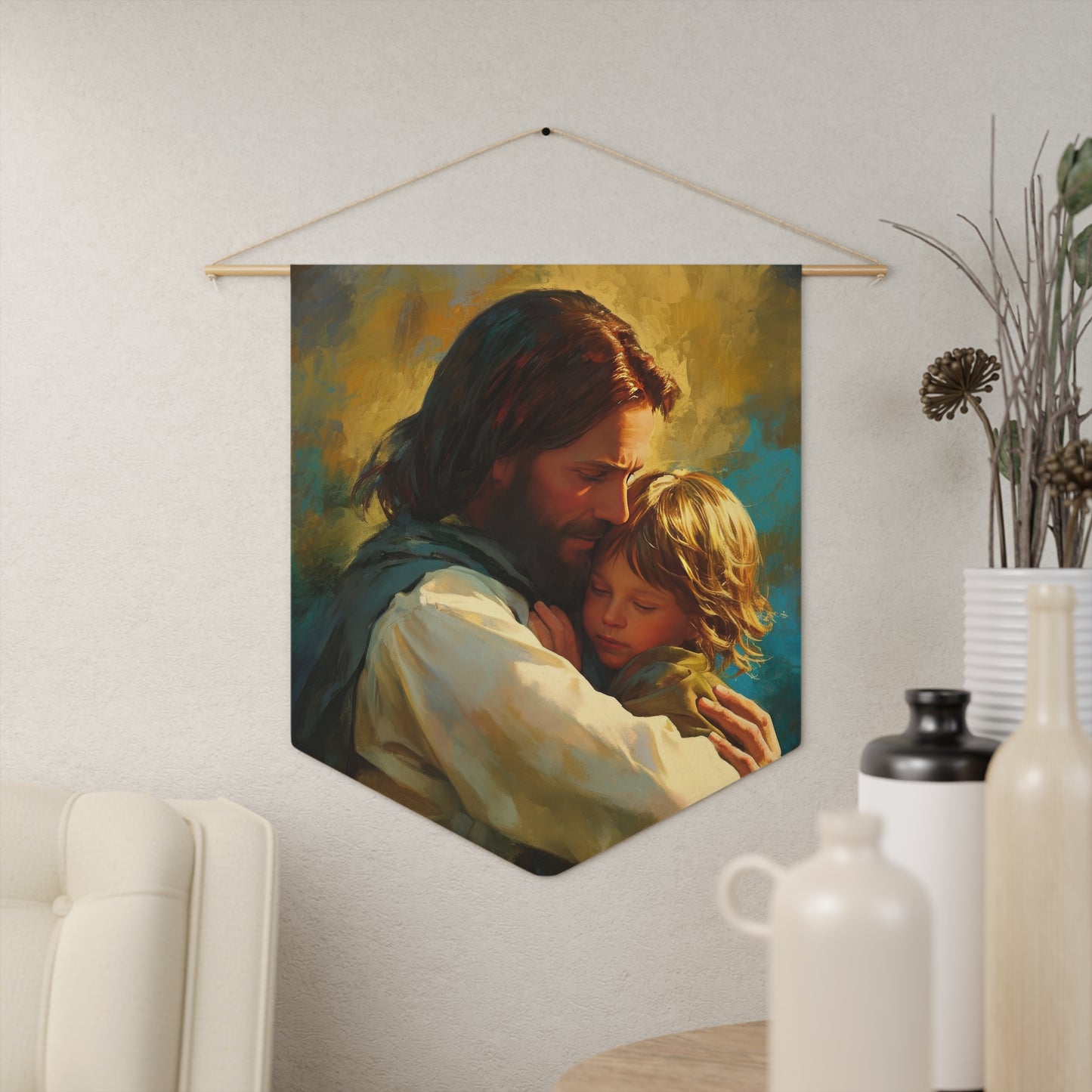 Christ's Compassionate Embrace Pennant / Banner / Wall Hanging - Prayer room art - 18" x 21" - Catholic Gift