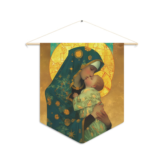 Peaceful Refuge - Mary and the Christ Child Pennant / Banner / Wall Hanging - Prayer room art - 18" x 21" - Catholic prayer Religious