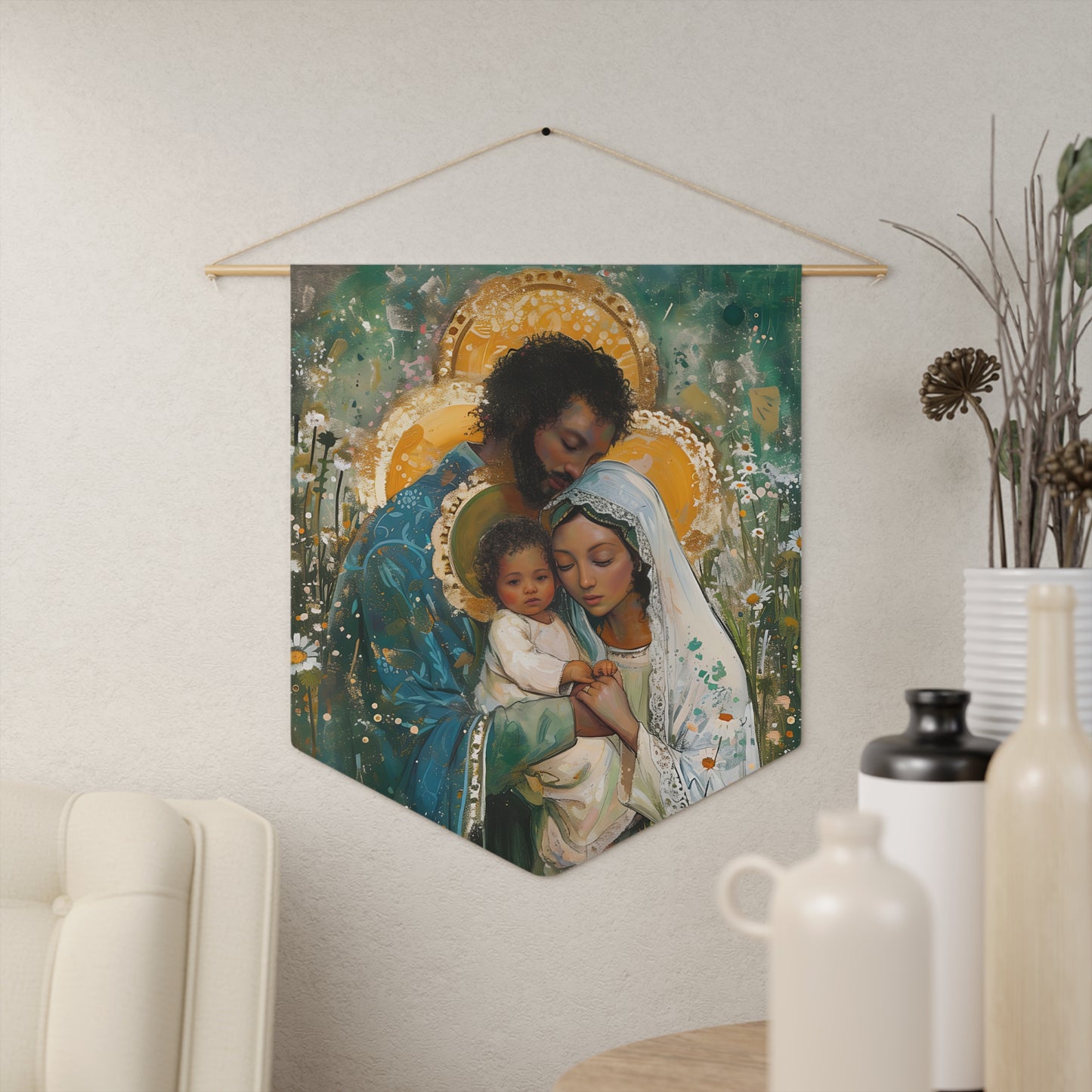 Sacred Sanctuary - Mary, Joseph, and the Infant Jesus Wall Banner / Wall Hanging - Prayer room art - Catholic - Large Saint Art - 18" x 21"