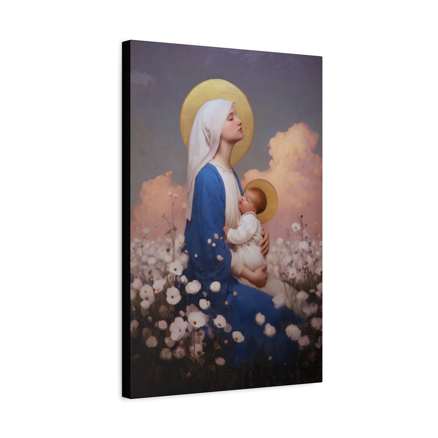 Mother Mary - Our Lady Among the Flowers -  Museum Wrapped Canvas - Sanctified Souls Print - Religious Art for your Home - Catholic Mother Mary Art
