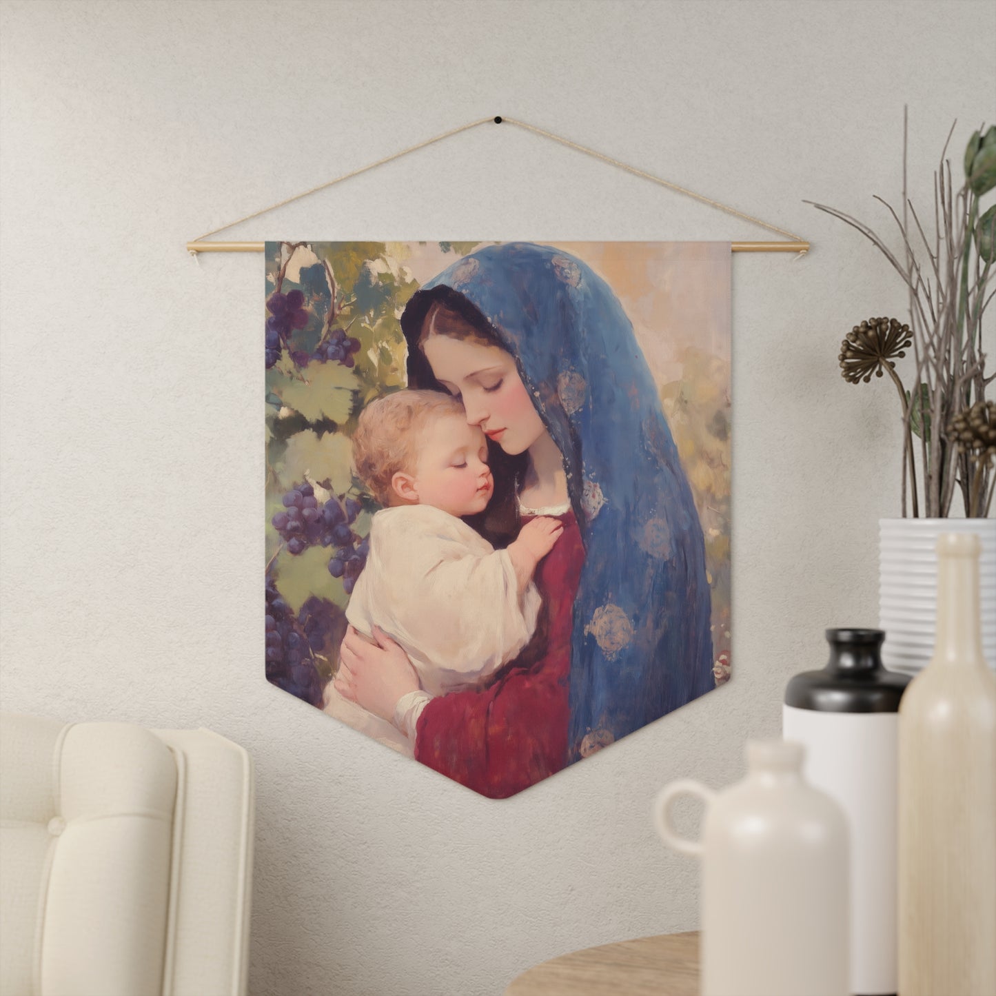 Our Lady of the Grapes / Out Lady of the Harvest Wall Banner / Wall Hanging - Christian Art - Prayer room - 18" x 21" - Mother Mary