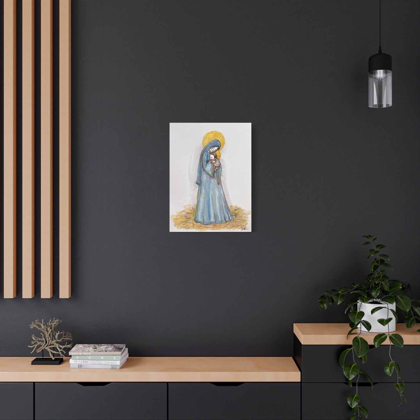 Our Lady of the Manger - Mother Mary Art - Catholic Canvas Print | Virgin Mary Sacred Art | Hand-Drawn Watercolor Christian Wall Art