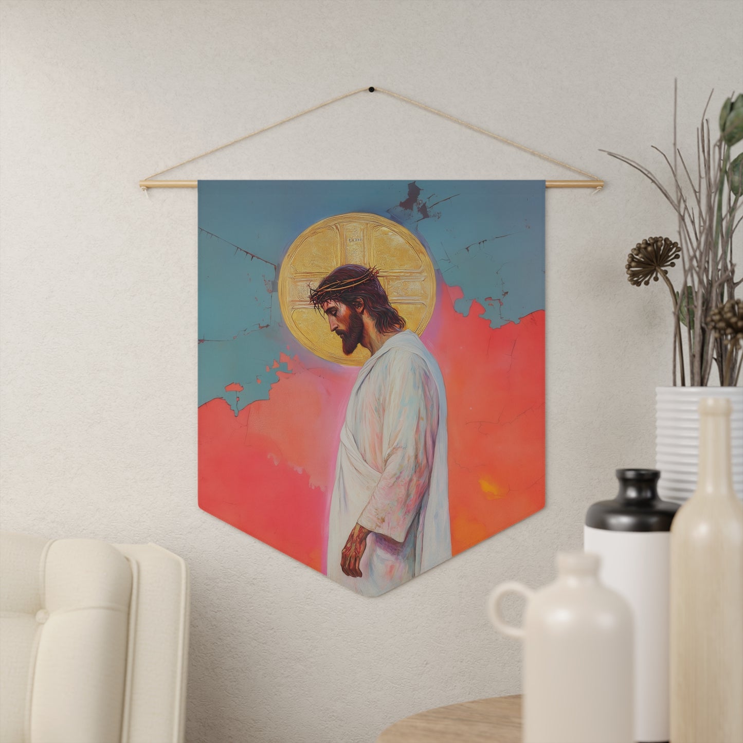 From the Tomb, Eternal Life Pennant / Banner / Wall Hanging - Prayer room art - Catholic Home - 18" x 21"