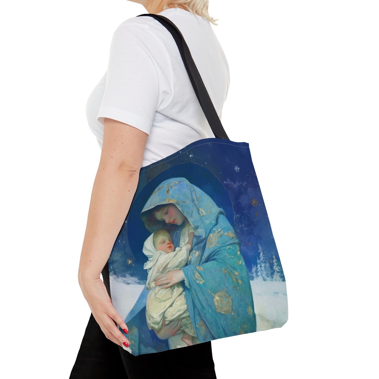 Snowfall of Grace: Our Lady's Blessing Tote Bag - Large Medium Small Faith Art Bag - Catholic Faith Purse - Religious - Prayer Bag