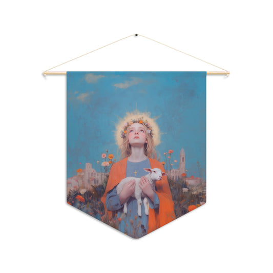 Saint Agnes of Rome Pennant / Banner / Wall Hanging - Prayer room art - 18" x 21" - Catholic - Large Banner