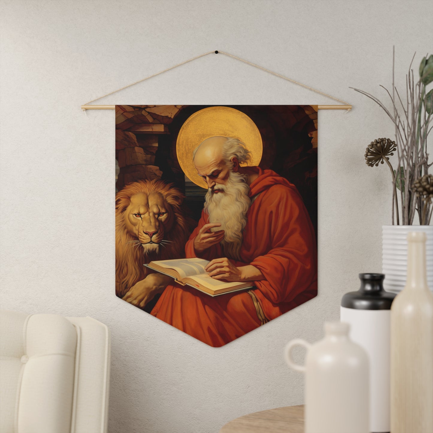 Saint Jerome Wall Banner / Wall Hanging - Prayer room art - Catholic Home Art - Large Saint Art for your home - 18" x 21"
