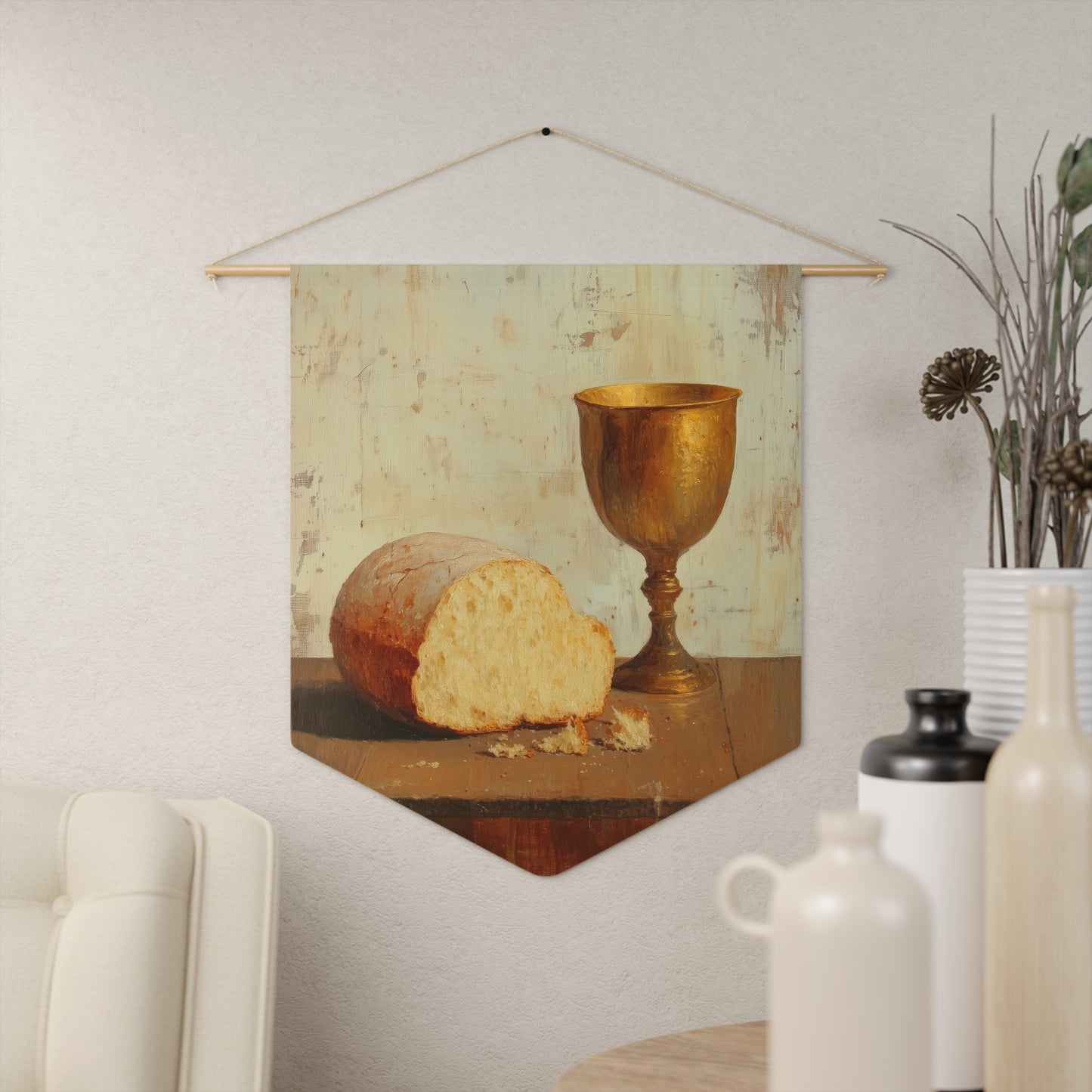 Cup of Sorrows, Bread of Life Pennant / Banner / Wall Hanging - Prayer room art - Catholic Home - 18" x 21"