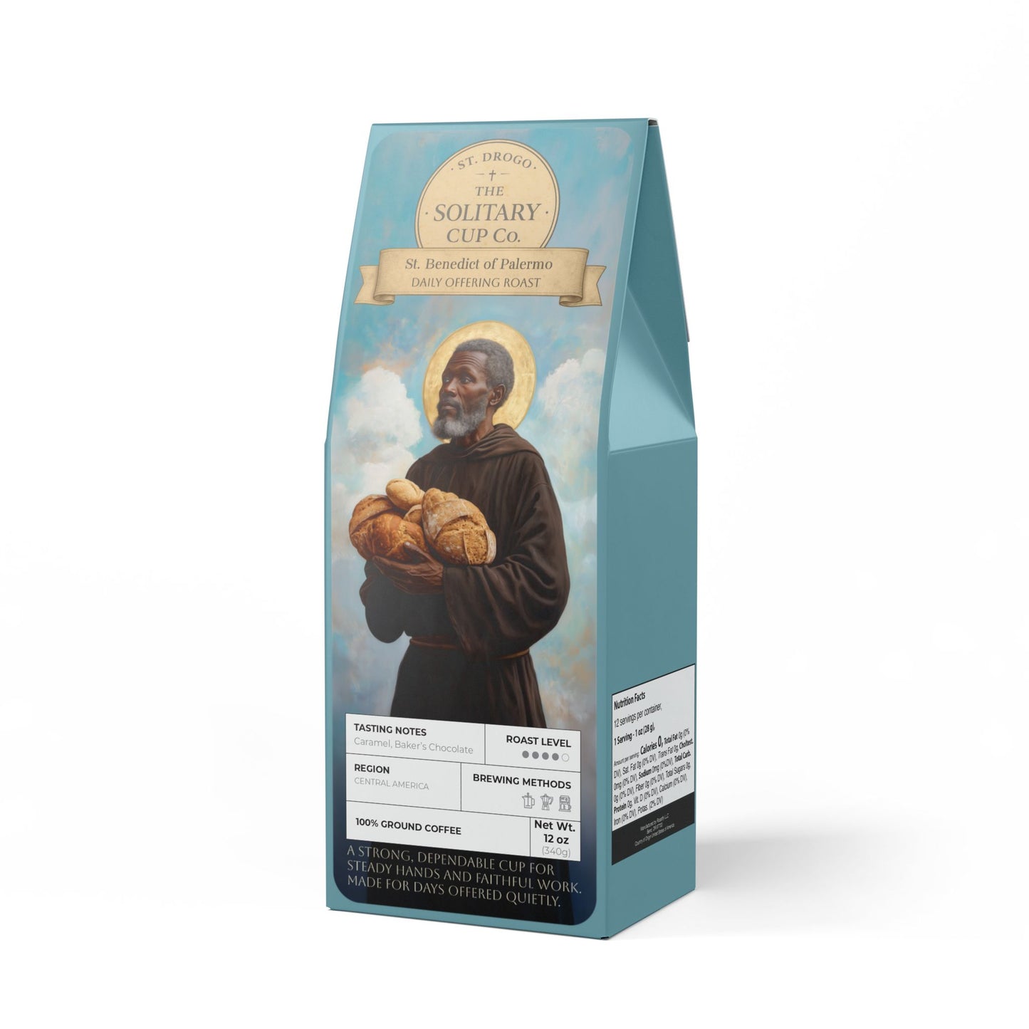 St. Benedict of Palermo - Daily Offering Roast (Medium-Dark Roast) - St. Drogo - The Solitary Cup Co. - Artisan Catholic Saint Inspired Coffee - 12 oz.