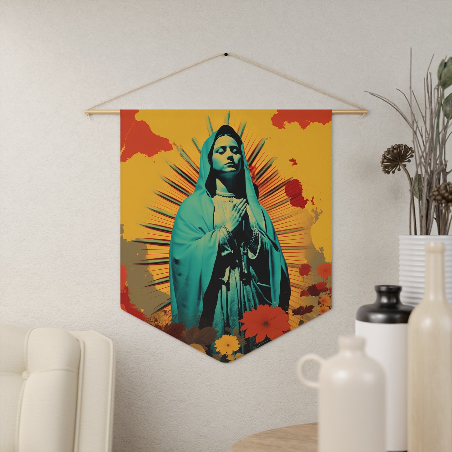 Guadalupe's Miraculous Presence Wall Banner / Wall Hanging - Prayer room art - Catholic Home Art - Large Saint Art for your home - 18" x 21"