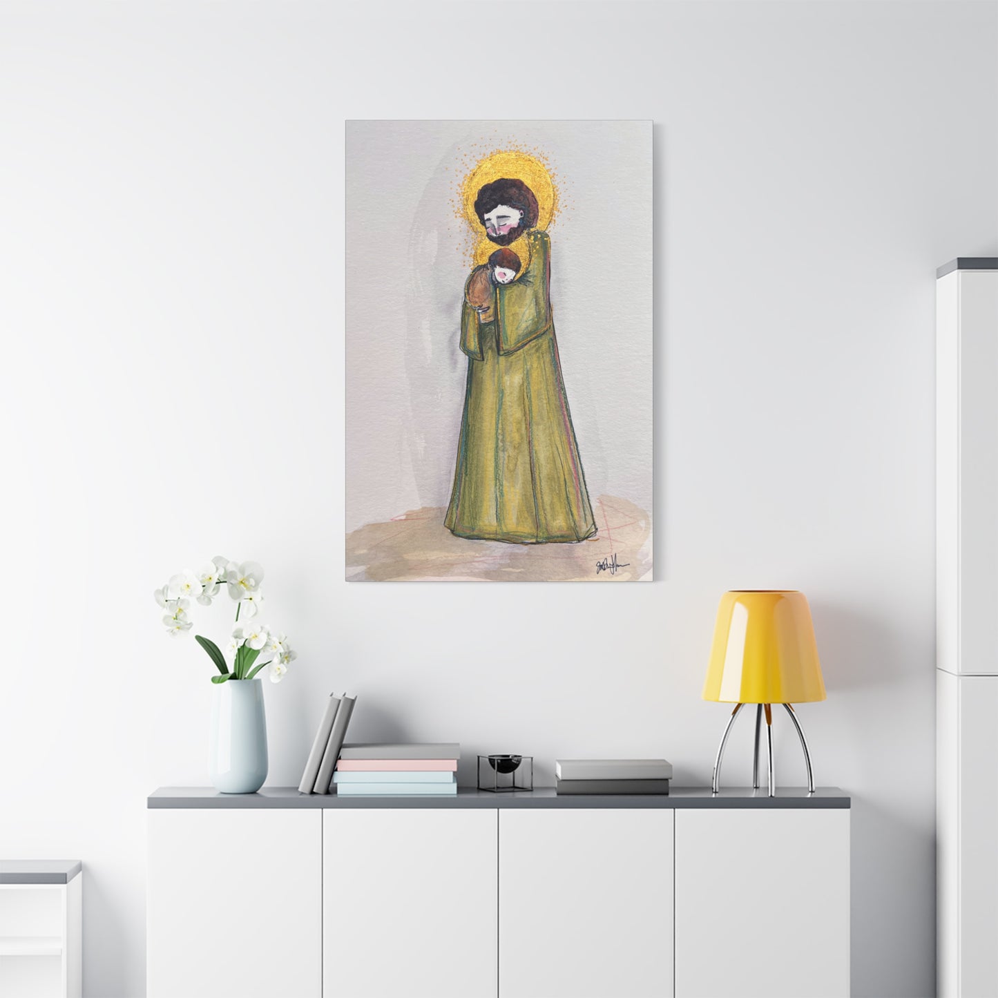 Saint Joseph and Child Jesus Catholic Canvas Print | Hand-Drawn Watercolor Sacred Art | Christian Devotional Wall Art