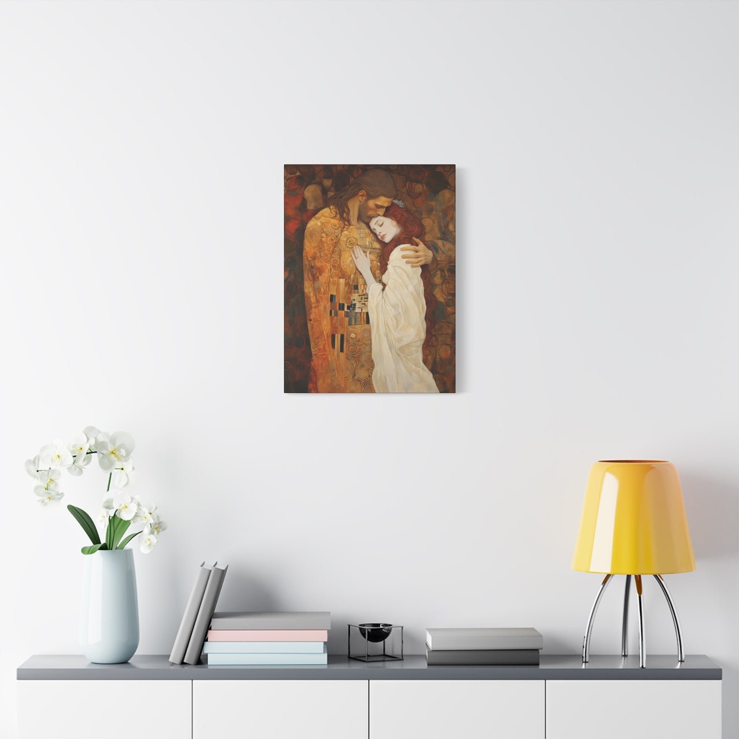 Transcendent Devotion: Christ Embracing Mary Magdalene Museum Wrapped Canvas - Sanctified Souls Print - Based on Klimt's The Kiss