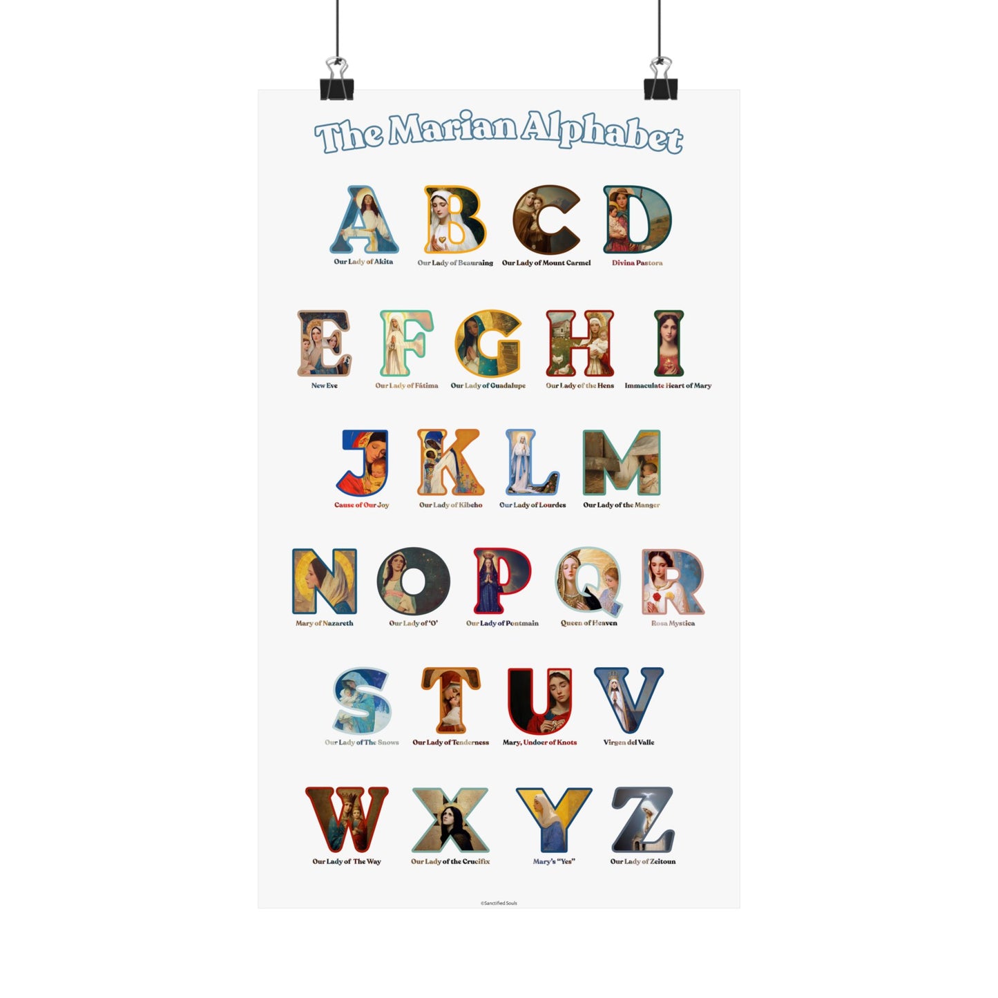 Catholic Marian Alphabet Poster - ABC Wall Art - Marian Titles Catholic Print - Catholic Nursery or Homeschool Faith Decor - Mother Mary Art