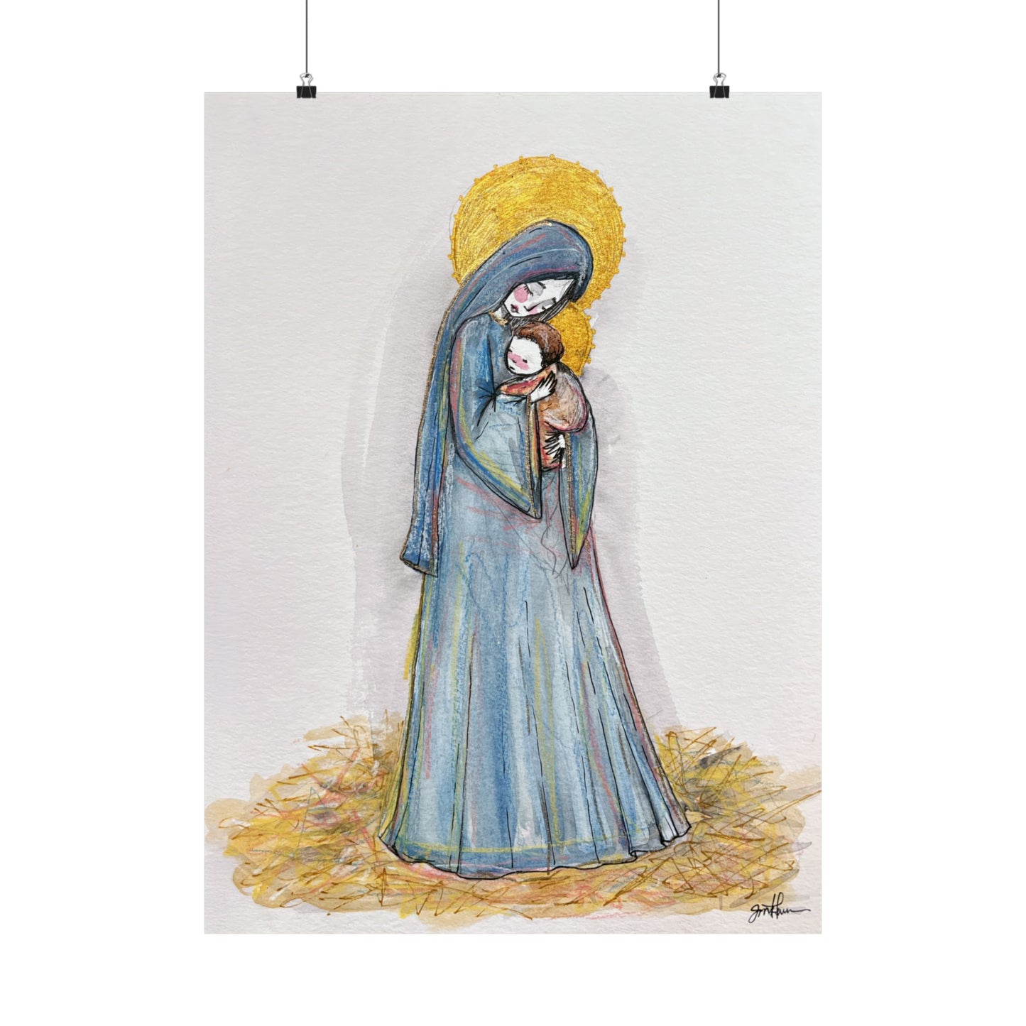 Our Lady of the Manger Catholic Art Print | Hand-Drawn Watercolor Virgin Mary Artwork | Christian Devotional Wall Art