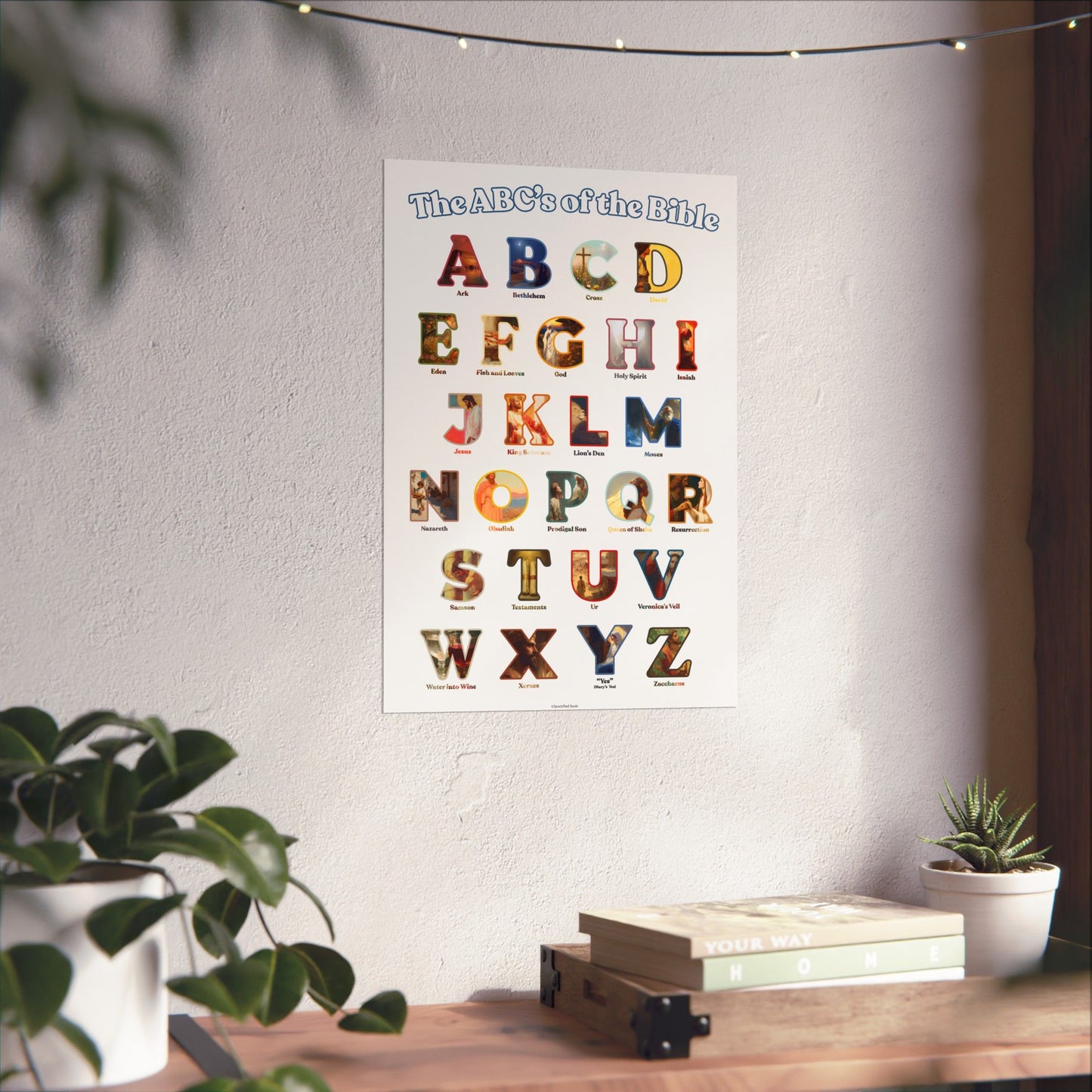 Bible ABC Poster - ABCs of the Bible Wall Art - Biblical People Places and Stories Chart - Christian Homeschool or Sunday School Decor