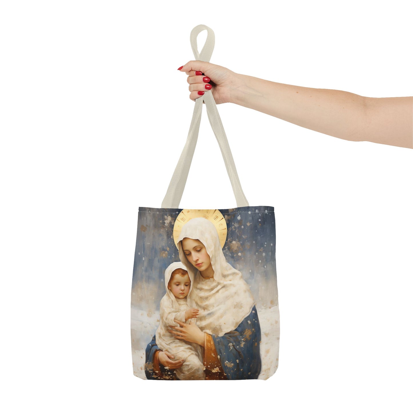 Winter's Grace : Our Lady of the Snows Tote Bag - Catholic faith inspired carry-all purse - day to day bag - Double Sided
