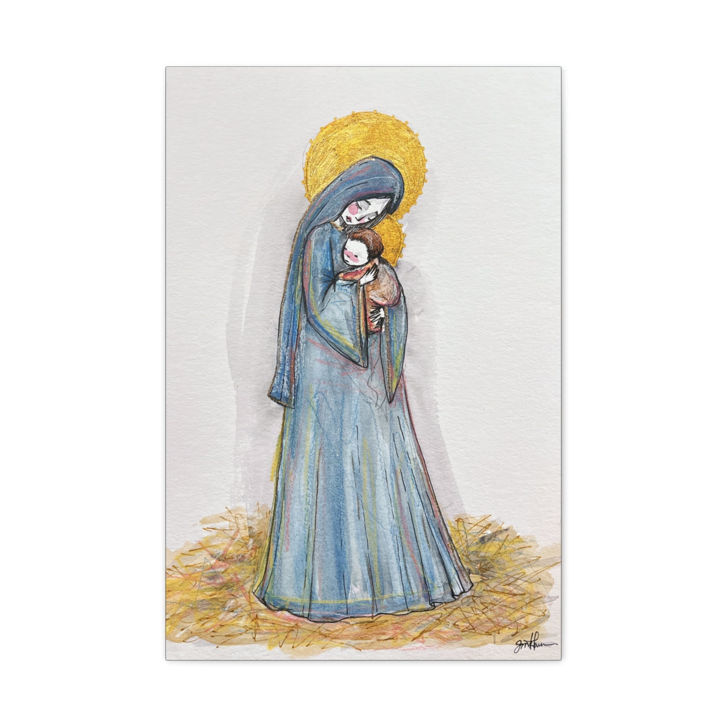 Our Lady of the Manger - Mother Mary Art - Catholic Canvas Print | Virgin Mary Sacred Art | Hand-Drawn Watercolor Christian Wall Art