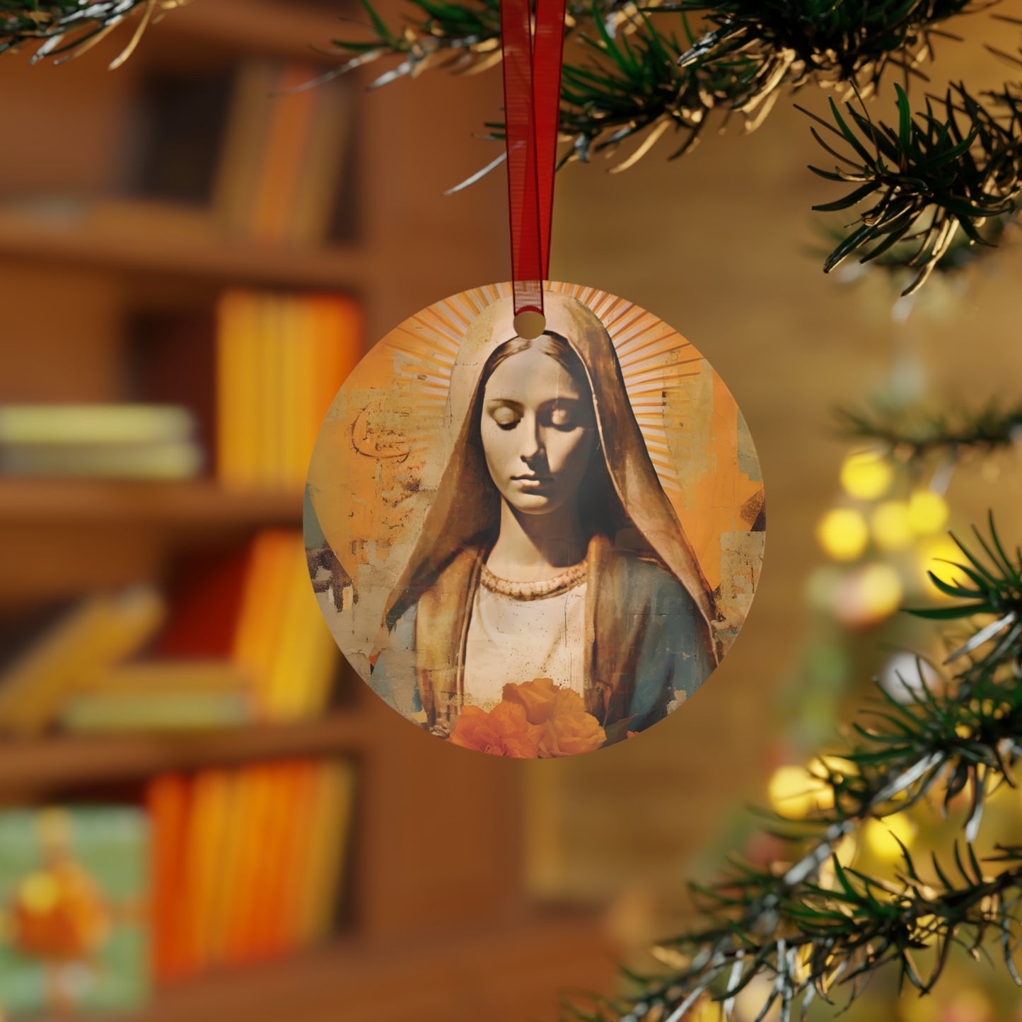 Blessed and Beloved : Mary in Art Metal Ornament - Religious Holiday Christmas Ornament and Keepsake - Double sided - Virgin Mary