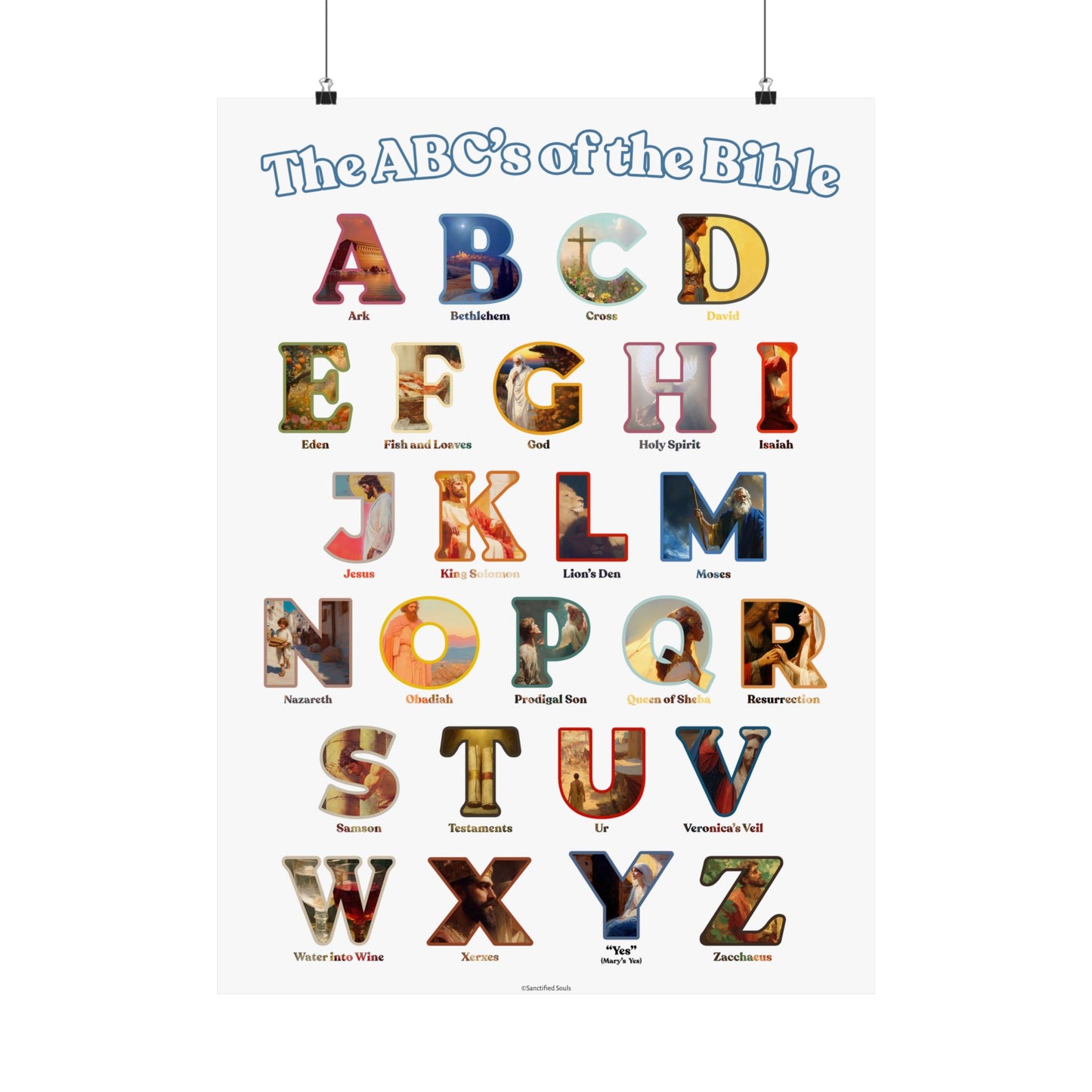 Bible ABC Poster - ABCs of the Bible Wall Art - Biblical People Places and Stories Chart - Christian Homeschool or Sunday School Decor