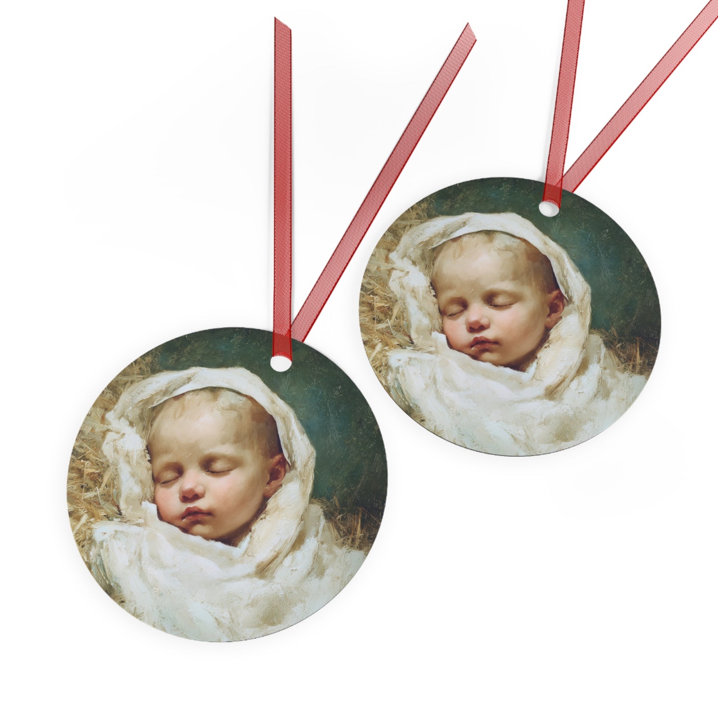 The Christ Child Resting in the Silence of the Manger - Metal Ornament - Religious Holiday Christmas Ornament and Keepsake