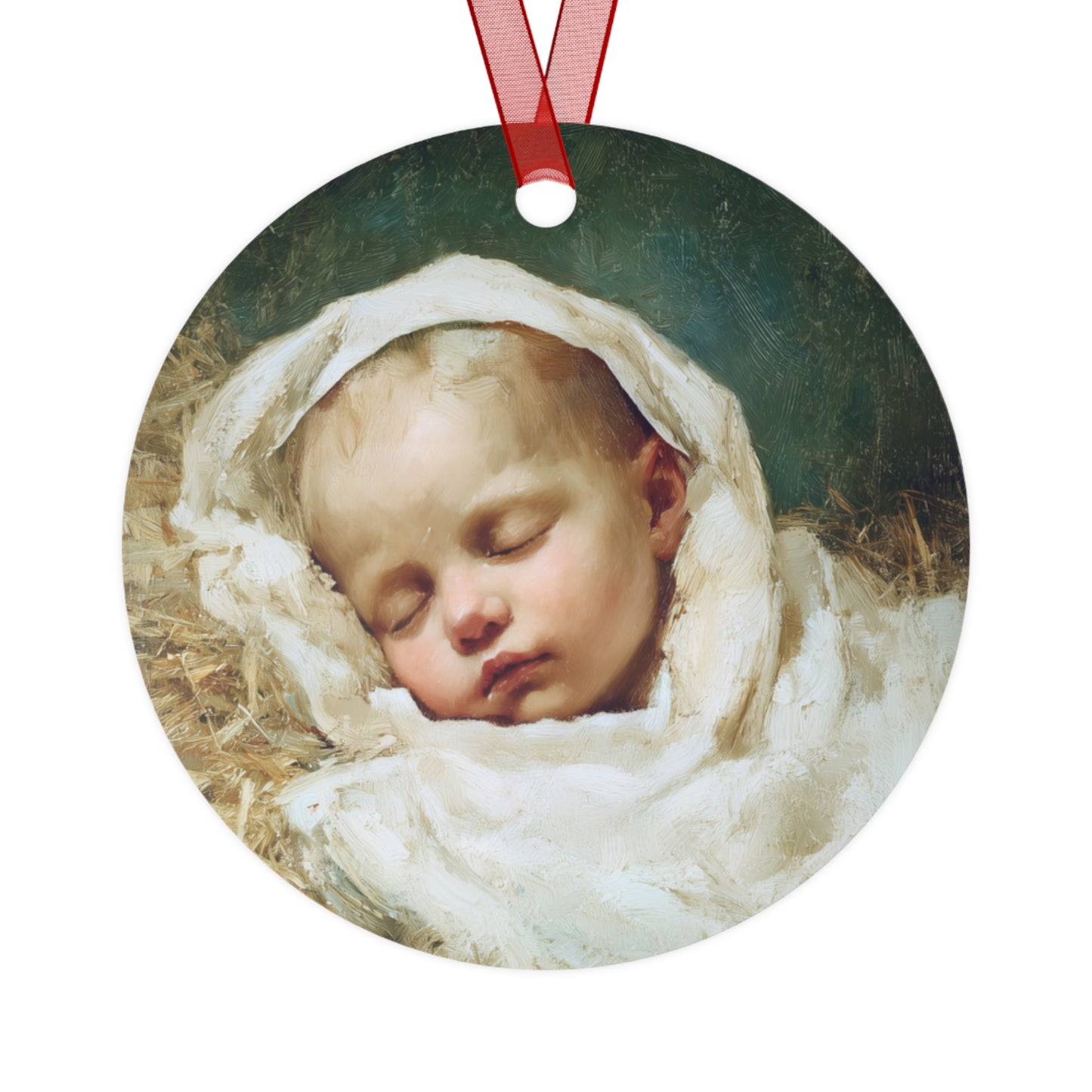 The Christ Child Resting in the Silence of the Manger - Metal Ornament - Religious Holiday Christmas Ornament and Keepsake