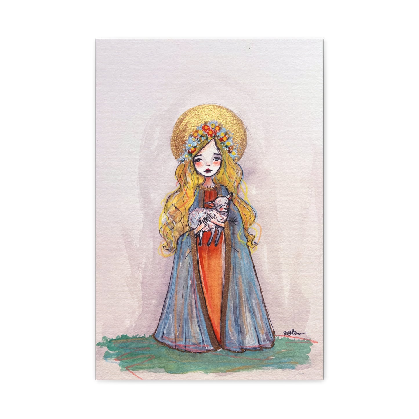 Saint Agnes of Rome Catholic Canvas Print | Christian Sacred Art | Hand-Drawn Watercolor Devotional Wall Art Religious Artwork