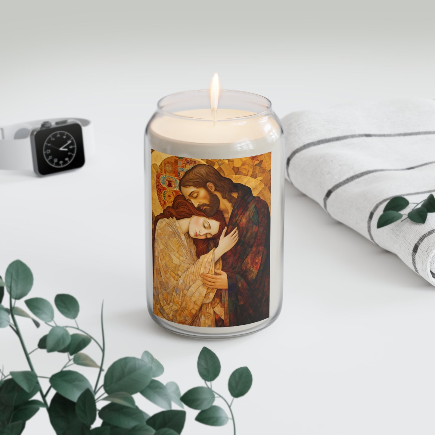 Healing Love Scented Prayer Candle, 13.75oz - Tall Size Natural Soy - Styled as Klimt's The Kiss - Embrace of Christ and Mary Magdalene