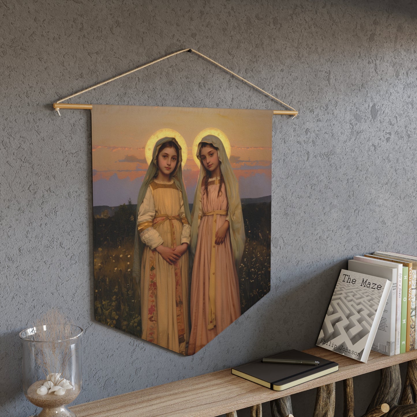 Saints Nunilo and Alodia Pennant / Banner / Wall Hanging - Prayer room art - 18" x 21" - Catholic prayer Religious - Large Banner