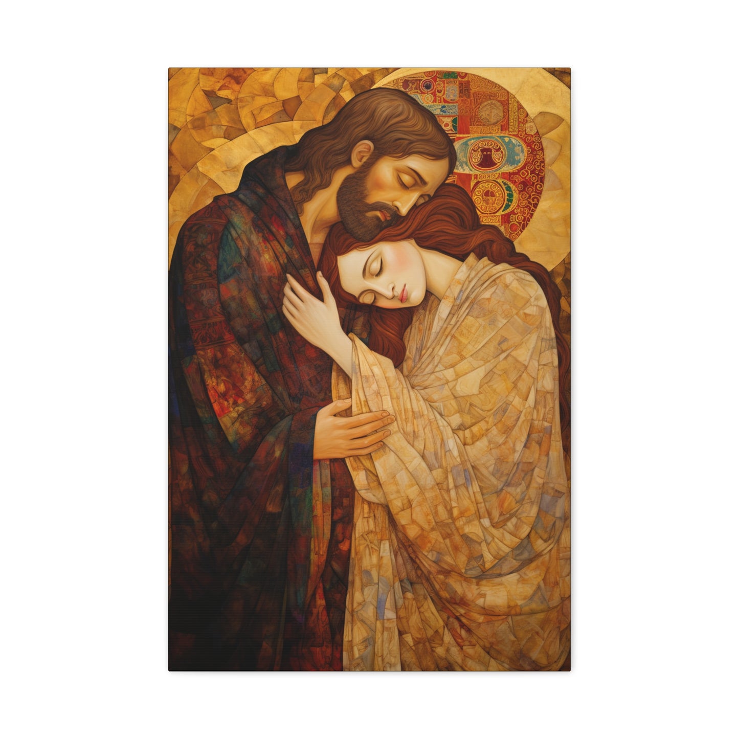 Healing Love- The Embrace of Christ and Mary Magdalene Museum Wrapped Canvas - Sanctified Souls Print -Based on Klimt's The Kiss