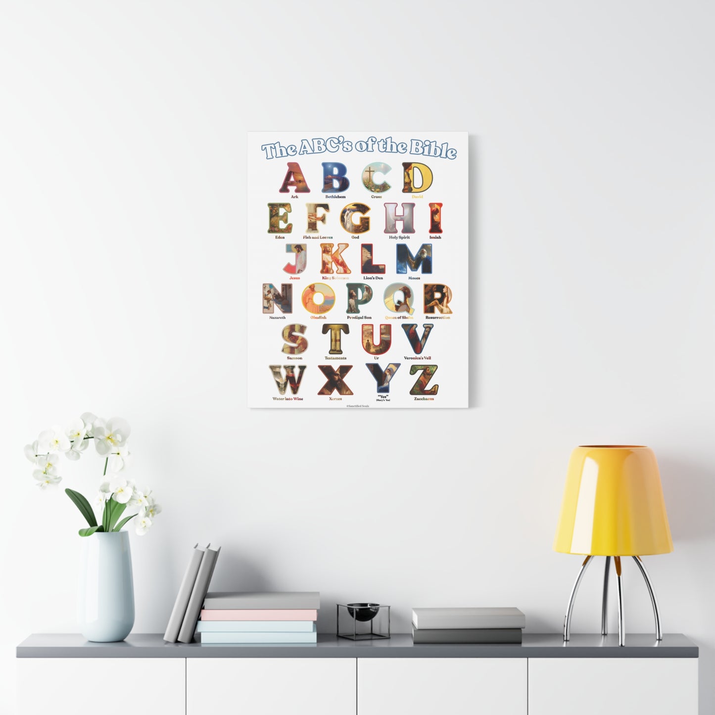 Catholic Bible ABC Prints - Alphabet Canvas - ABCs of the Bible Wall Art - Biblical People Places and Stories -  Homeschool / Sunday School