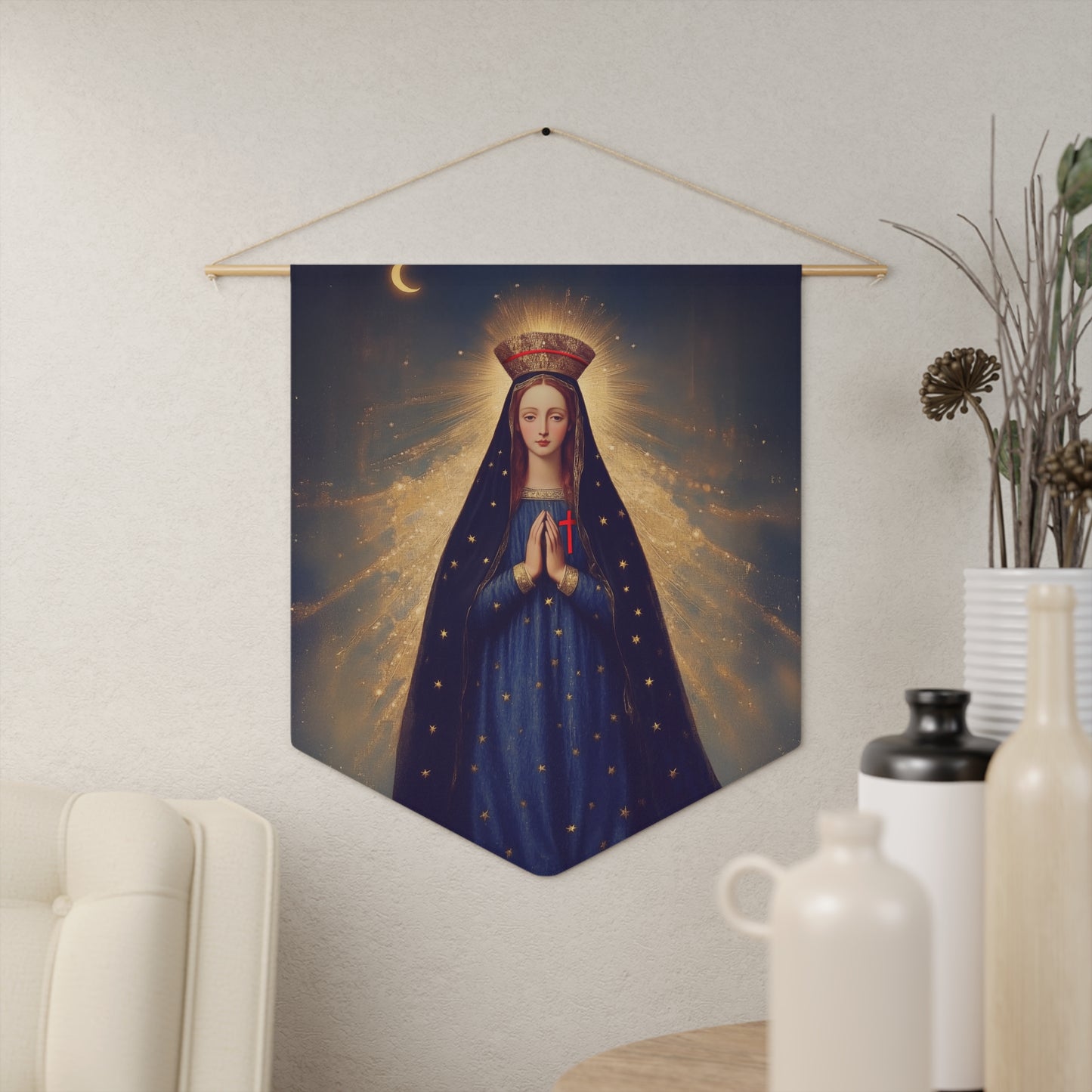Our Lady of Pontmain Pennant / Banner / Wall Hanging - Prayer room art - 18" x 21" - Catholic - Large Banner - Gifts for Catholics