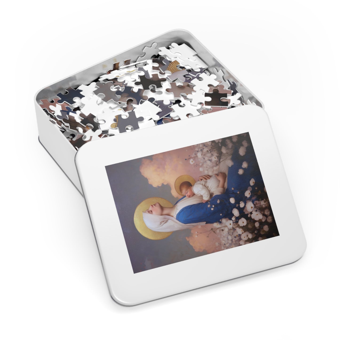 Our Lady Among the Flowers - Puzzle and Tin - Religious Jigsaw Puzzle (30, 110, 252, 500,1000) - Gift Catholic Families - Catholic Christmas