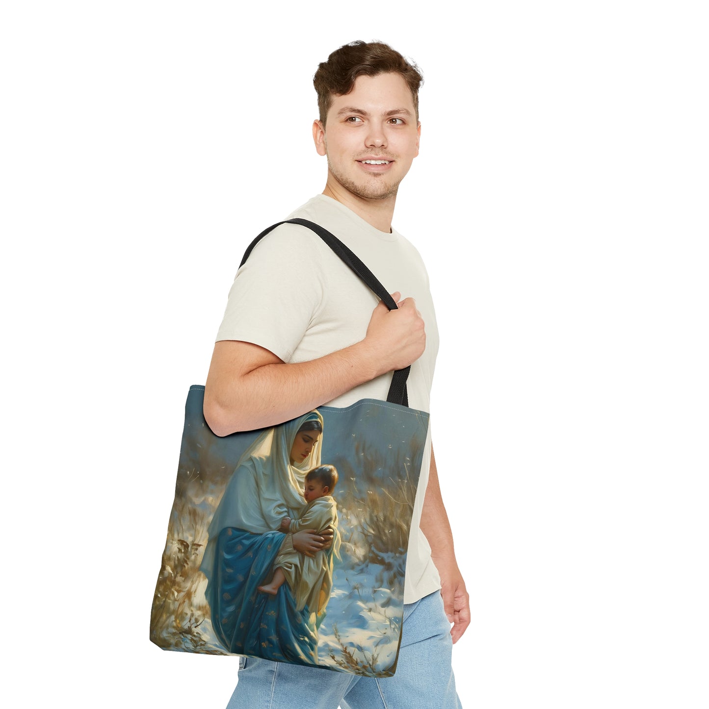 Snowfall of Grace - Our Lady's Winter Radiance - Our Lady of the Snows Tote Bag - Large Medium Small Faith Art Bag