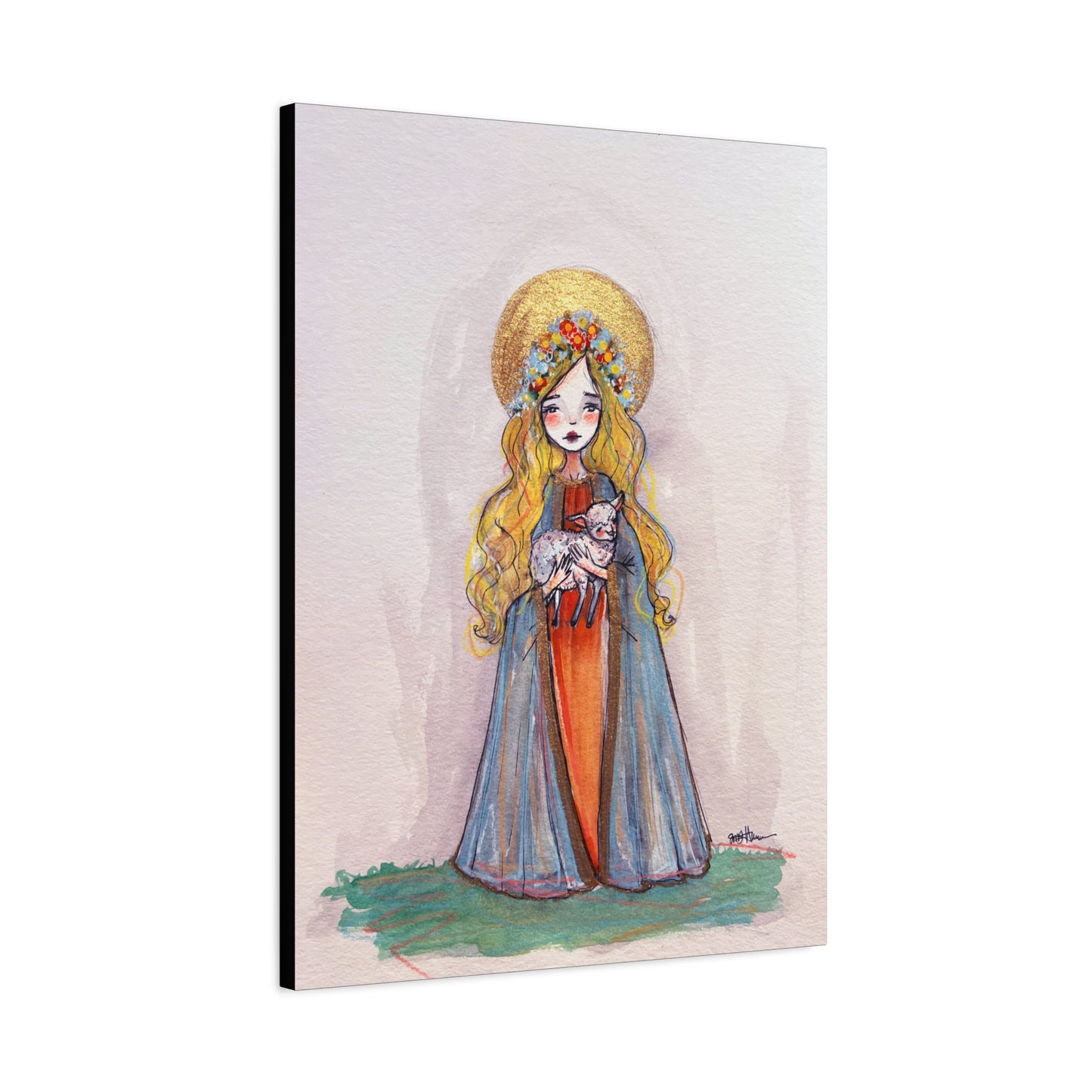 Saint Agnes of Rome Catholic Canvas Print | Christian Sacred Art | Hand-Drawn Watercolor Devotional Wall Art Religious Artwork